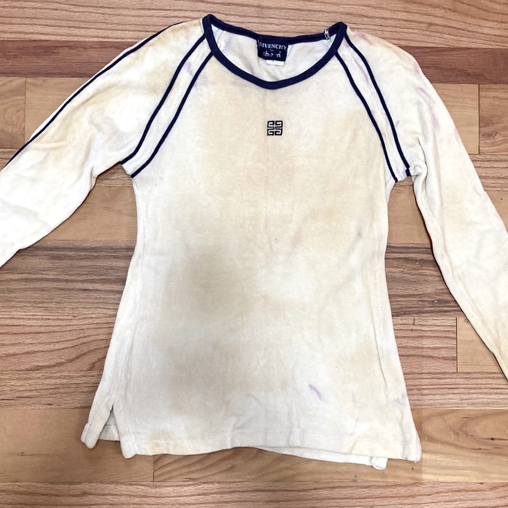Givenchy for Chera 100% white Cotton Velour pullover with blue trim.  Size S.